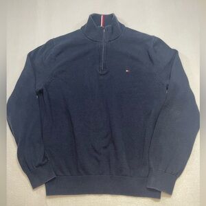 Tommy Hilfiger 1/4 Zip Sweater Navy Blue Cotton Pullover Large